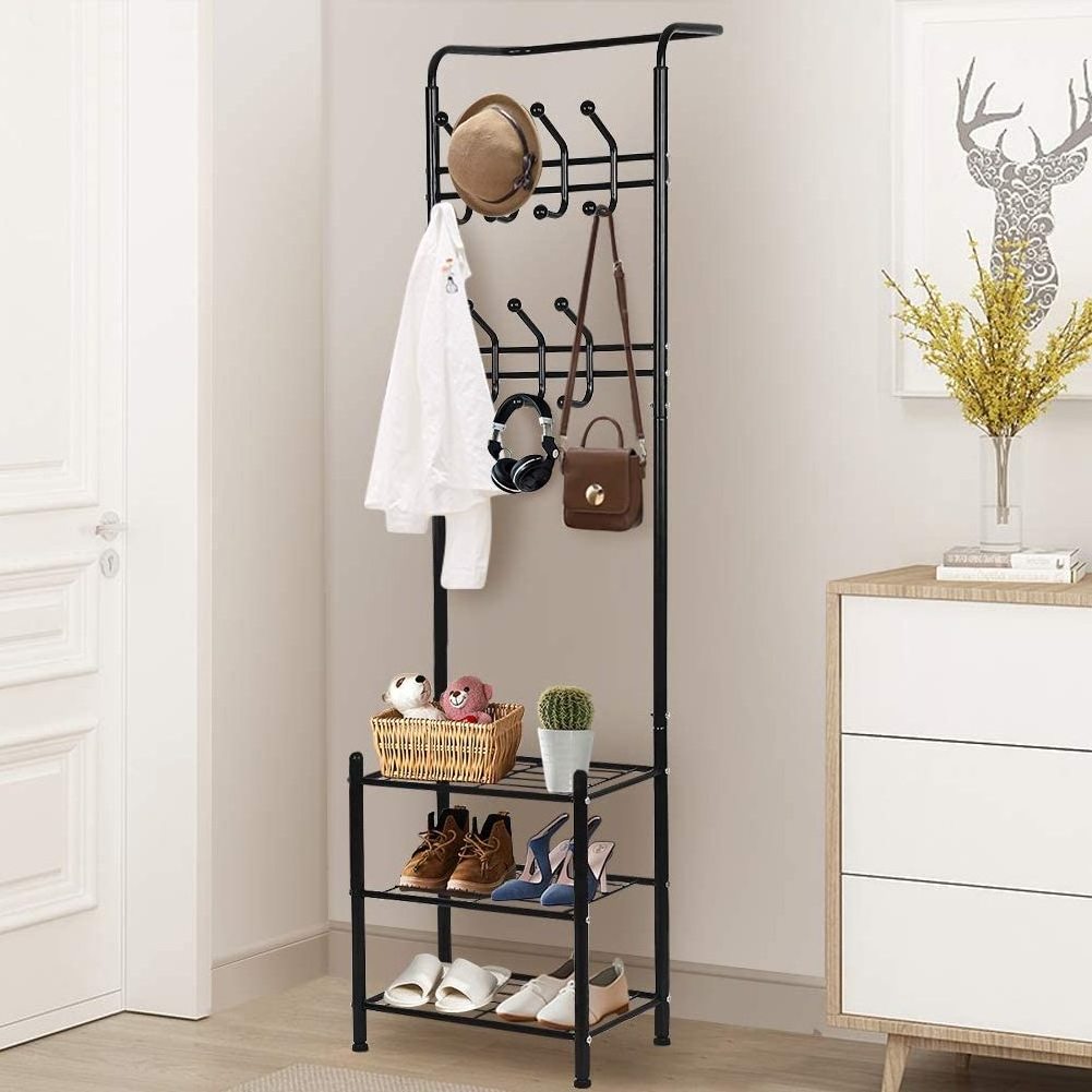 Industrial Entryway Hat Hanger Display Stand Free Standing Garment Storage Shelf 3 Tier Shoe Bench Metal Frame for Living Room