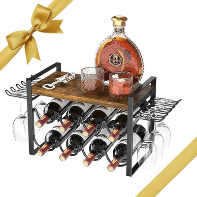 Modern Home Decor Wine Rack with 8 Bottles and 6 Glasses Solid Wood and Iron for Kitchen Storage