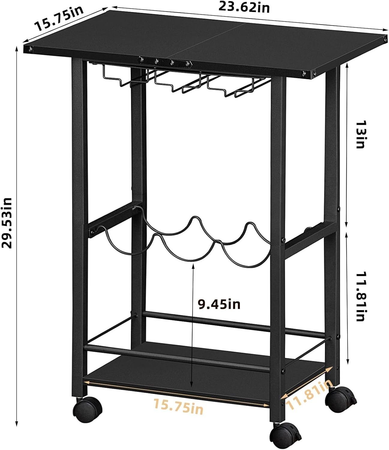 Black Mobile Bar Cart with Wheels Rolling Kitchen Shelf Wine Rack Glass Holders Home Kitchen Living Room Beverage Serving Cart