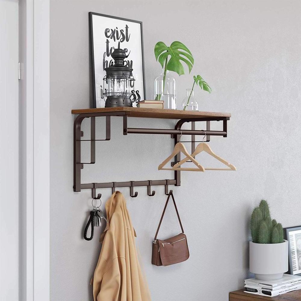 Entryway Hallway Bedroom Bathroom Living Room Customized Vintage Wooden Rustic Towel Floating Wall Mounted Coat Rack Shelf