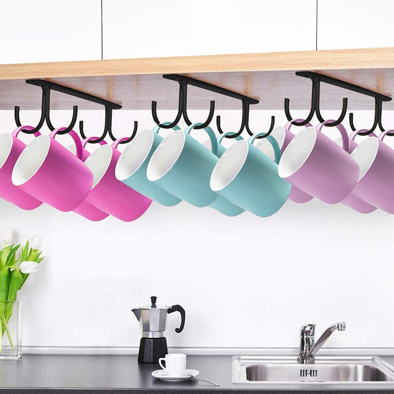 Coffee Cup Tea Cup Mug Holder Metal Kitchen Hanger Drying Rack With 4 Hooks / Under Shelf Under Cabinet Iron Storage Organizer