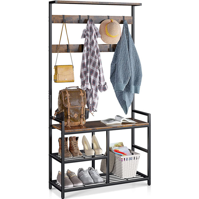 3 in 1 Hall Tree Coat Rack and Shoe Bench Entryway Storage Shelves