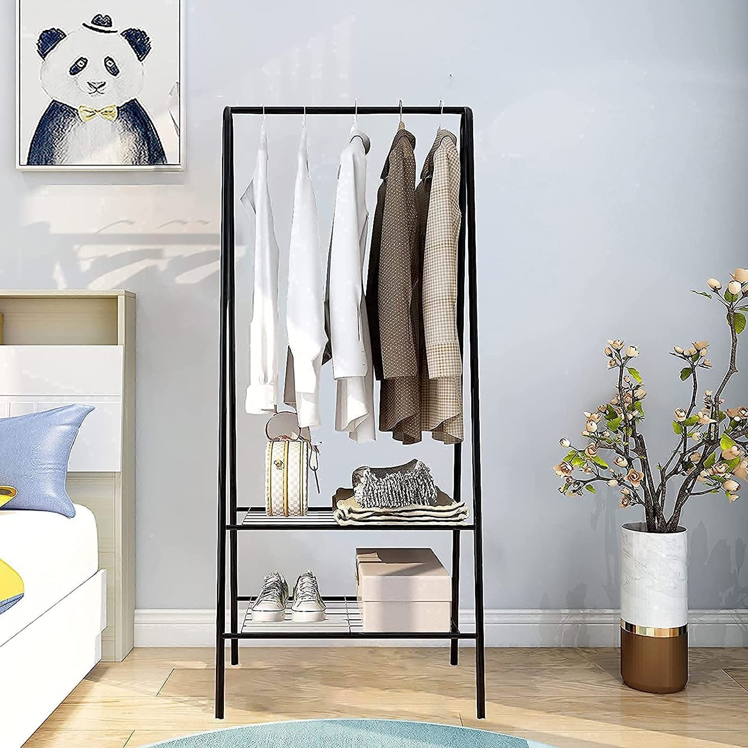 Heavy Duty Clothes Rack with 2-Tier Shelves and Top Rod Hanger