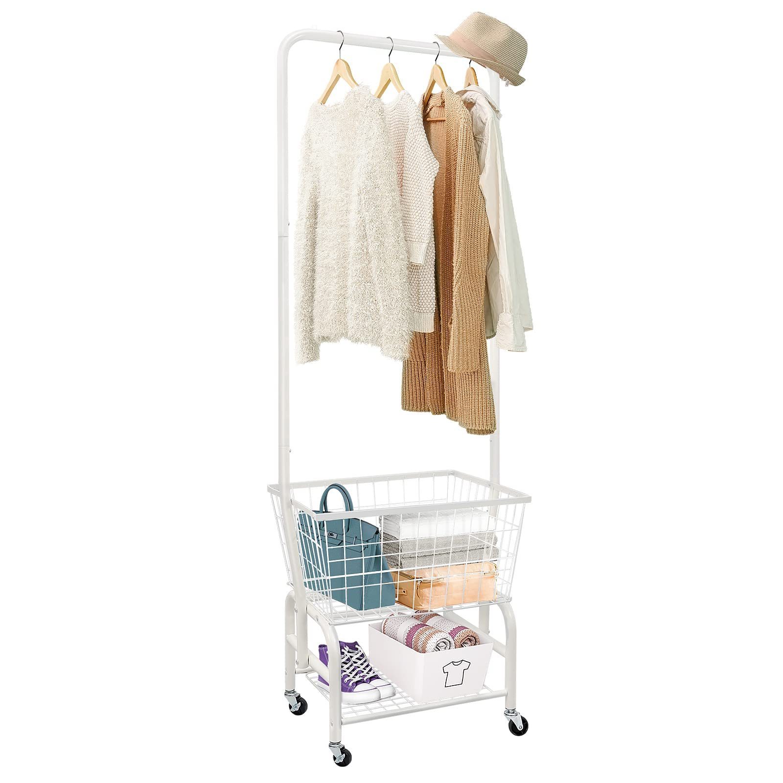 Laundry Cart with Wheels and Hanging Rack, Rolling Laundry Basket with Clothes Rack Laundry Butler with Wire Storage Rack Coat R