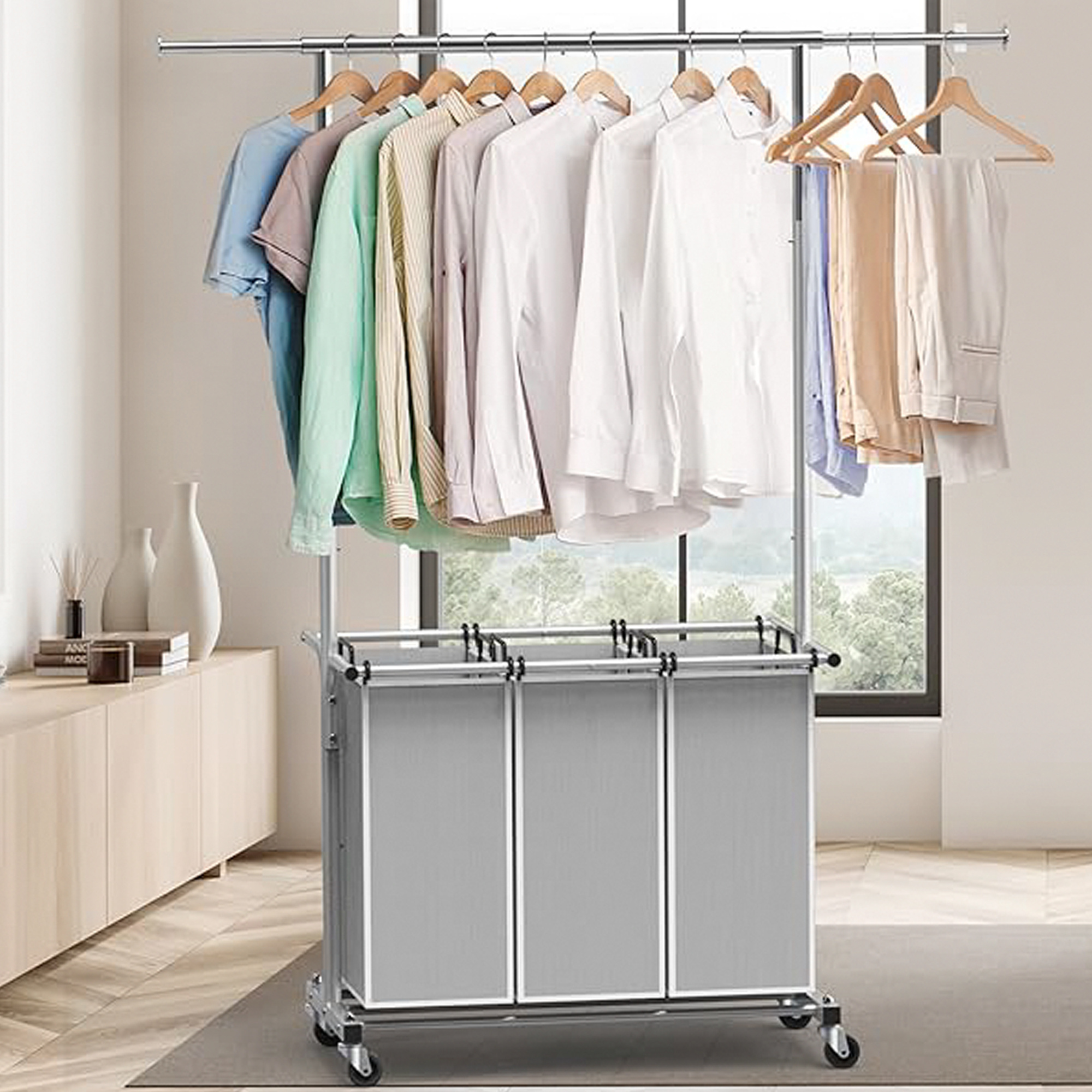 SimpleHouseware 3 Bag Laundry Sorter Rolling Cart w/Garment Rack Hanging Rod, Laundry cart,laundry carry basket