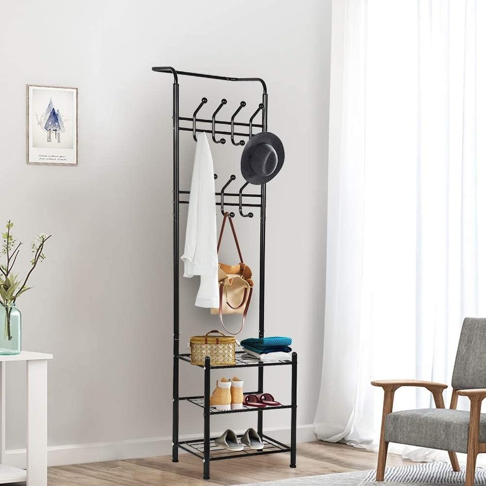 Industrial Entryway Hat Hanger Display Stand Free Standing Garment Storage Shelf 3 Tier Shoe Bench Metal Frame for Living Room