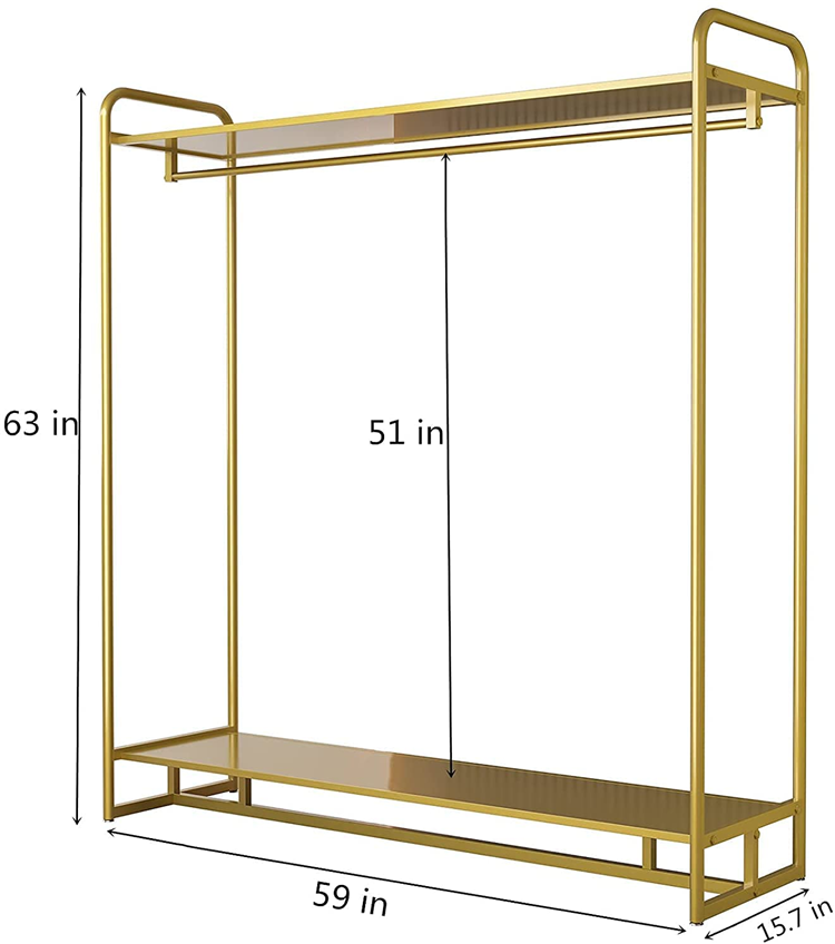 Gold Clothing Rack Modern Boutique Display Rack with 2-Tier Shelf