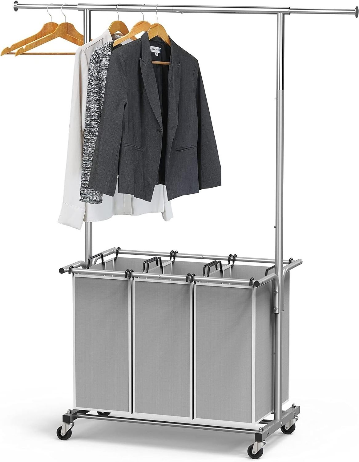 SimpleHouseware 3 Bag Laundry Sorter Rolling Cart w/Garment Rack Hanging Rod, Laundry cart,laundry carry basket