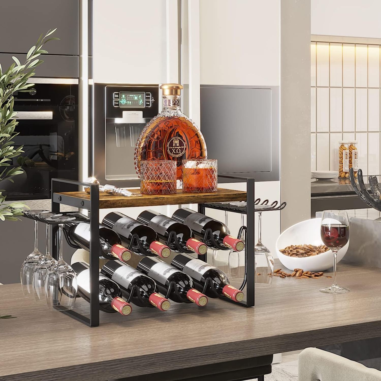 Modern Home Decor Wine Rack with 8 Bottles and 6 Glasses Solid Wood and Iron for Kitchen Storage