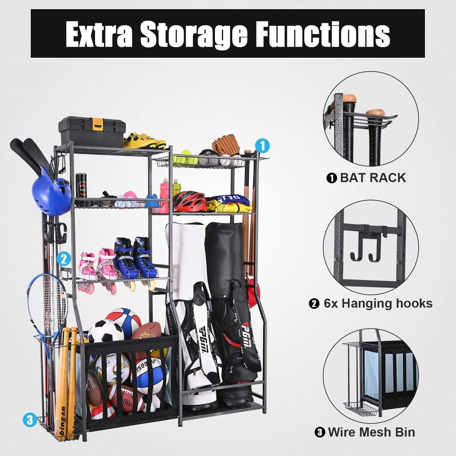 Golf Storage Garage Organizer,2 Golf Bag Storage Stand and Other Sports Equipment Storage Rack,Garage Organizer Shelves