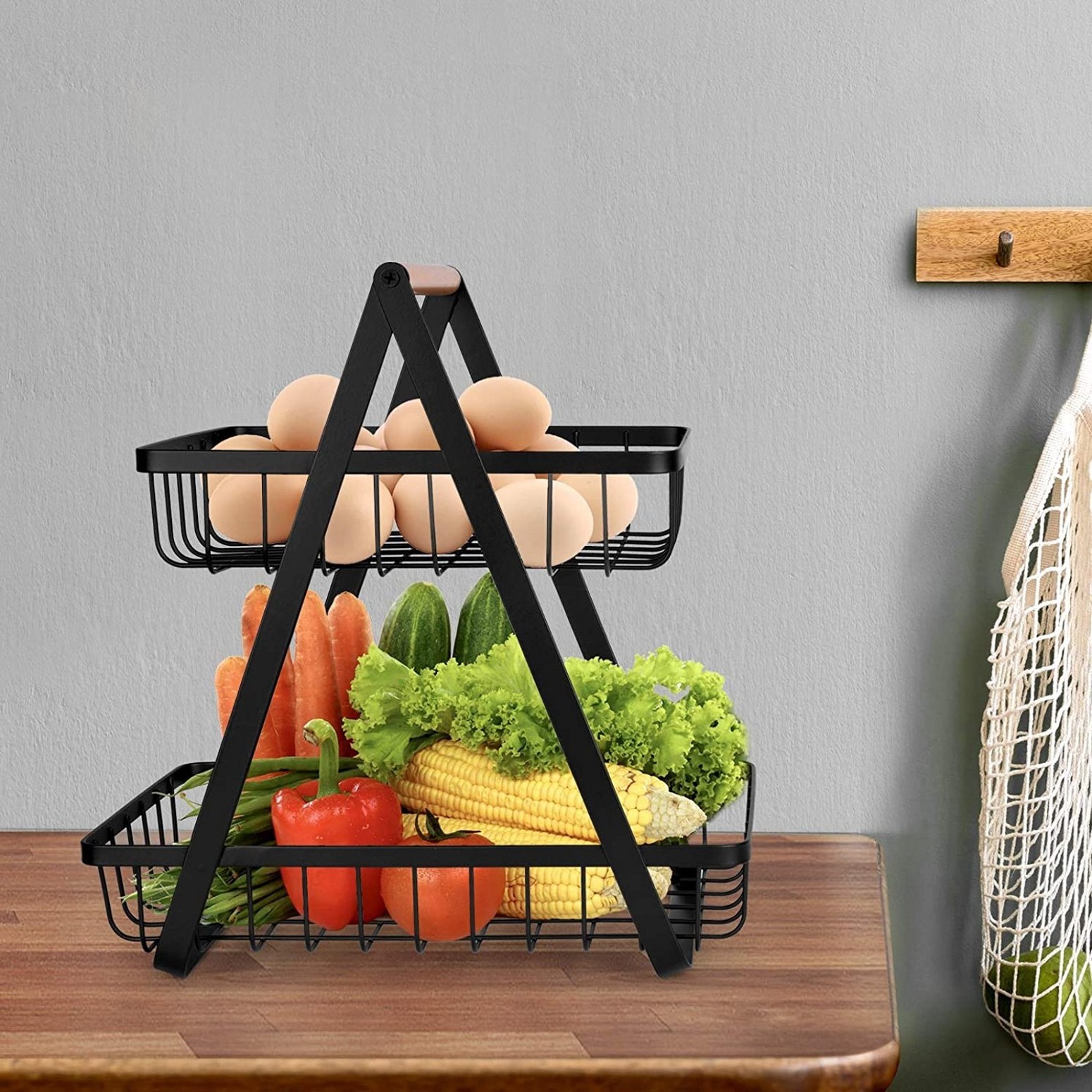 Portable hanging 2 tier Metal black fruit basket stand kitchen living room Countertop organizer storage basket for shelves