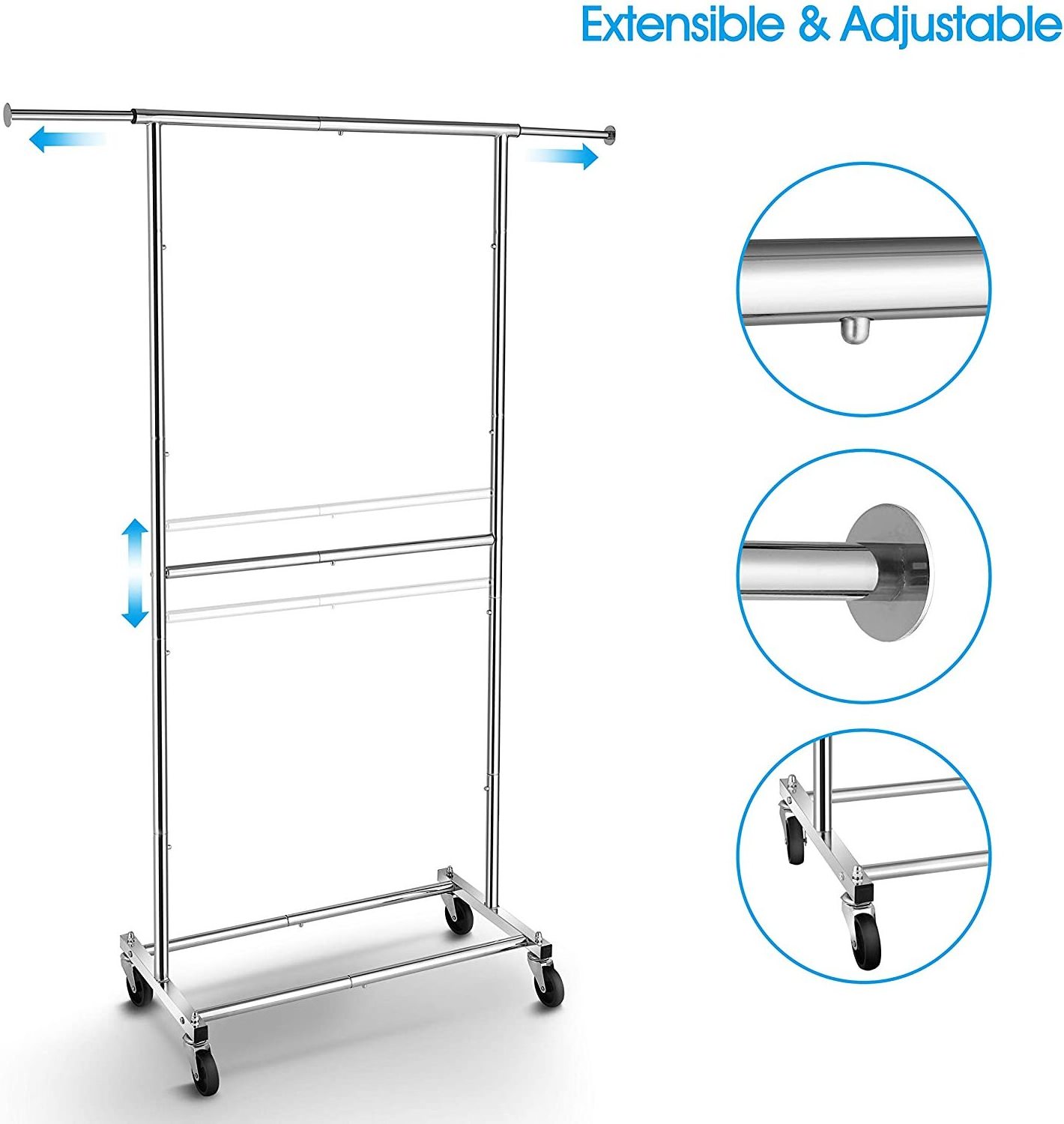 Double Rod Clothing Garment Rack, Rolling Clothes Organizer on Wheels for Hanging Clothes, Chrome