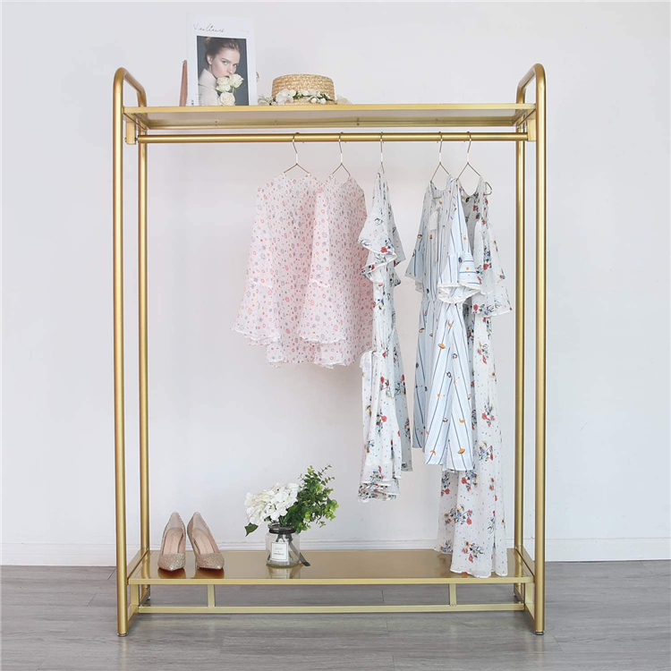 Gold Clothing Rack Modern Boutique Display Rack with 2-Tier Shelf