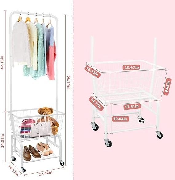 Laundry Cart with Wheels and Hanging Rack, Rolling Laundry Basket with Clothes Rack Laundry Butler with Wire Storage Rack Coat R