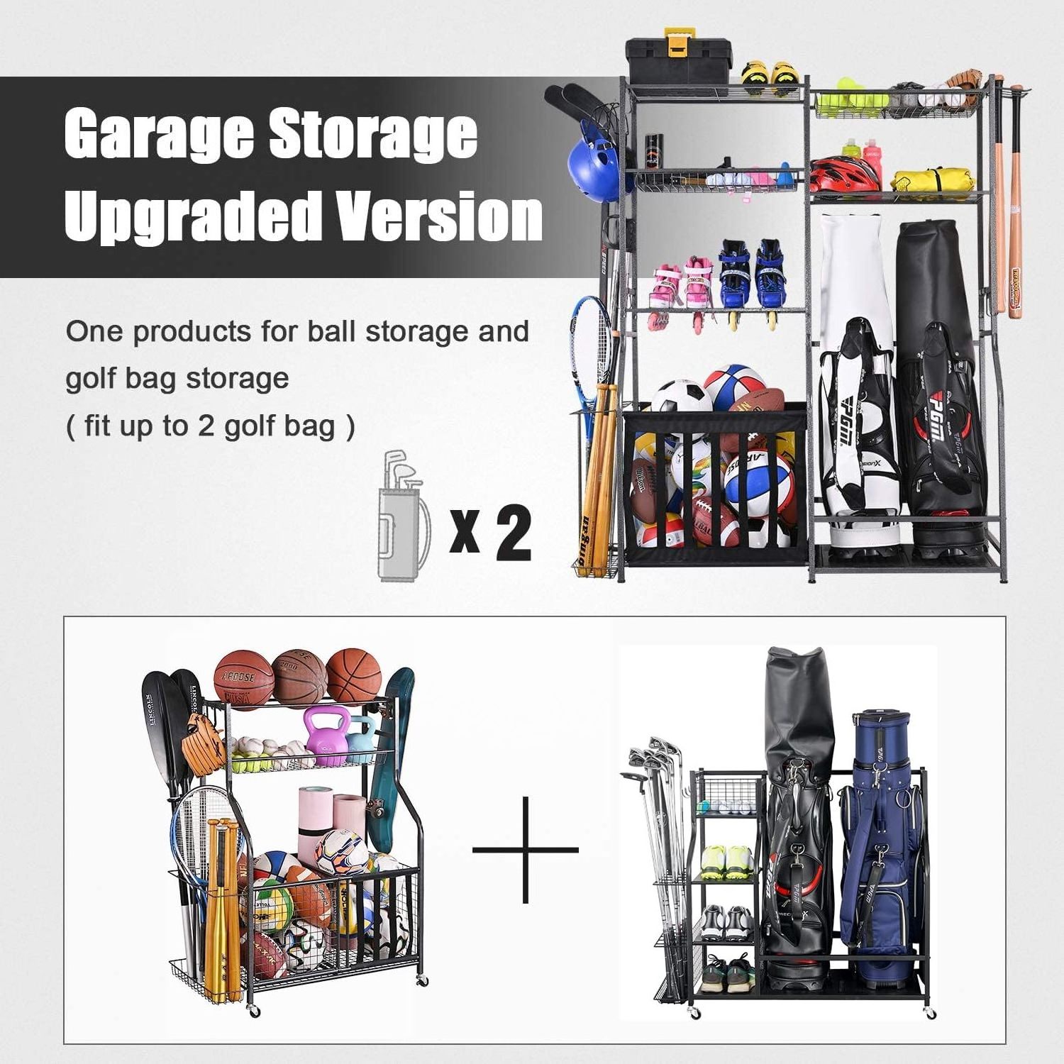 Golf Storage Garage Organizer,2 Golf Bag Storage Stand and Other Sports Equipment Storage Rack,Garage Organizer Shelves