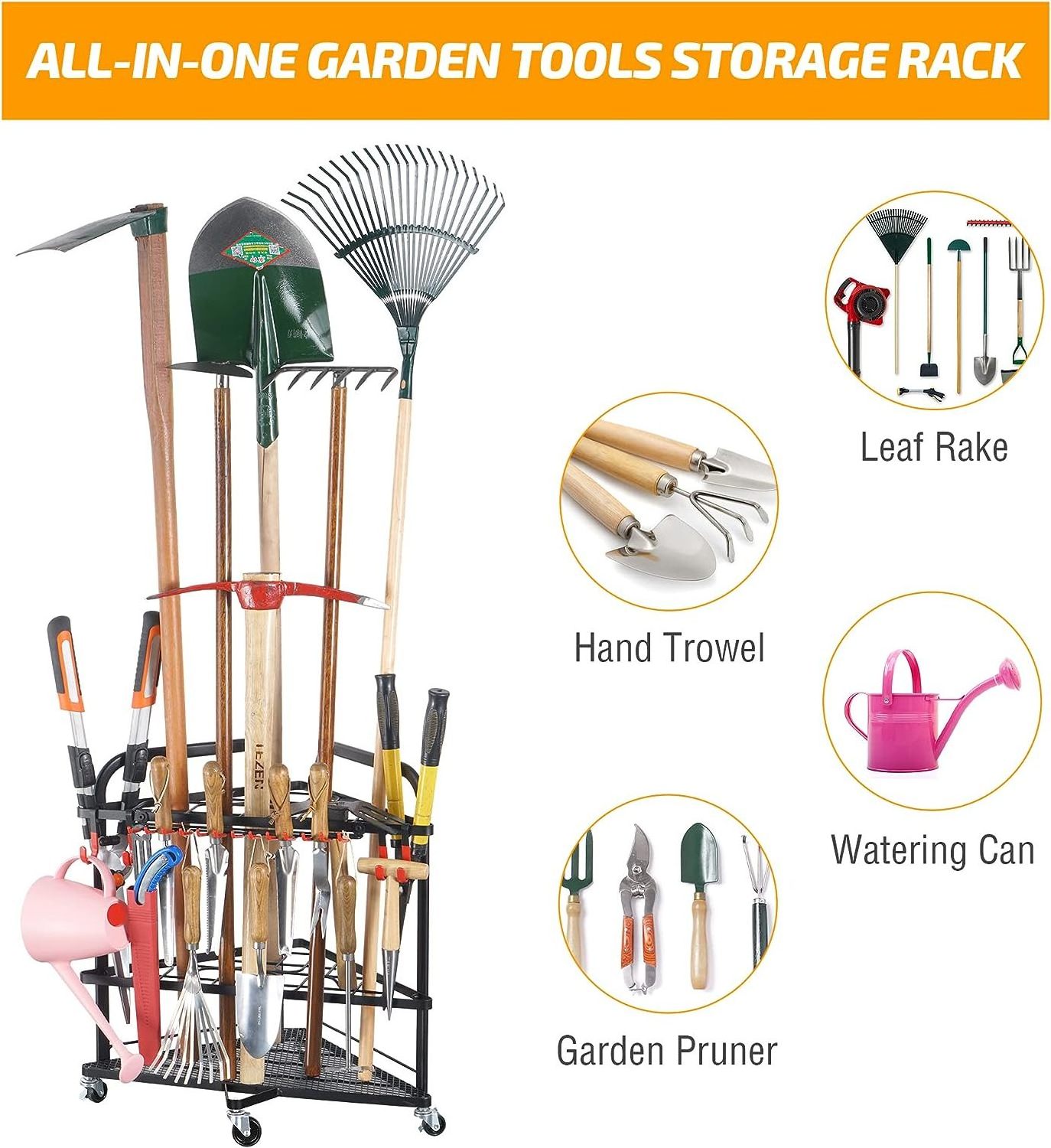 Garden Tool Organizer with Wheels and Storage Hooks, Rolling Corner Tool Storage Rack for Garden