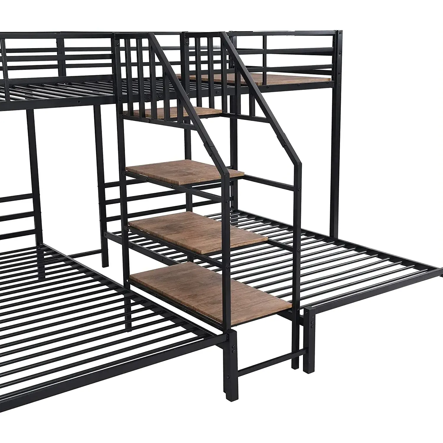 Black Twin Over Twin & Twin Bunk Bed with Storage Shelves Staircase Metal Triple Bunk Bed with Stairs