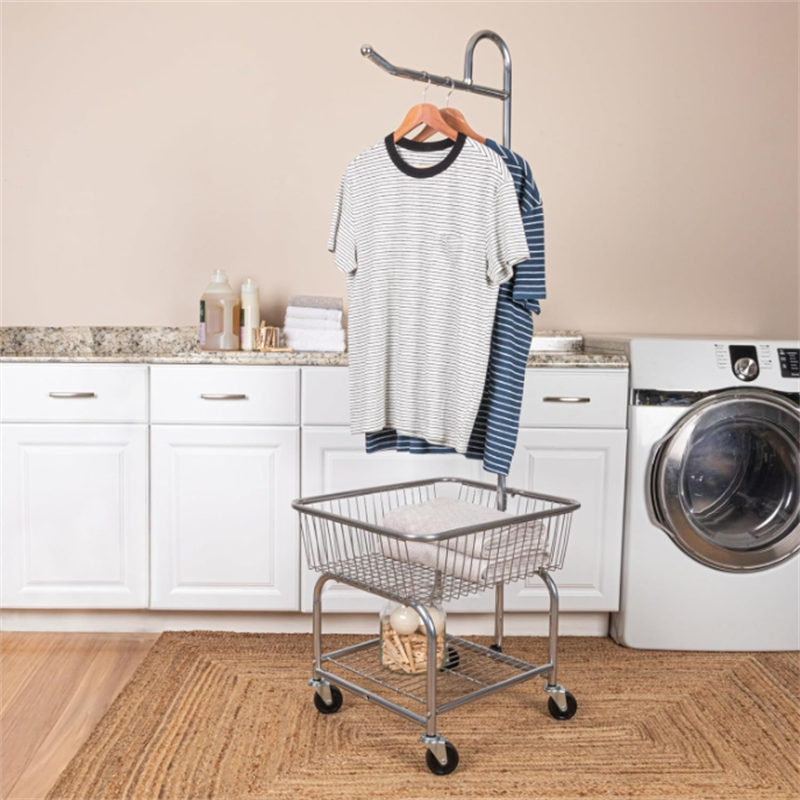 Rolling Laundry Cart with Hanging Bar - Chrome Finish, STORAGE, Metallic