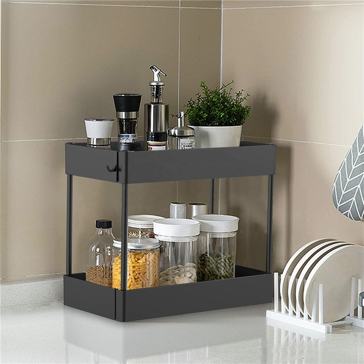 Under Sink Organizer Under Bathroom Sink Storage 2 Tier Organizer Bath Collection Baskets with Hooks Black Under Sink Shelf