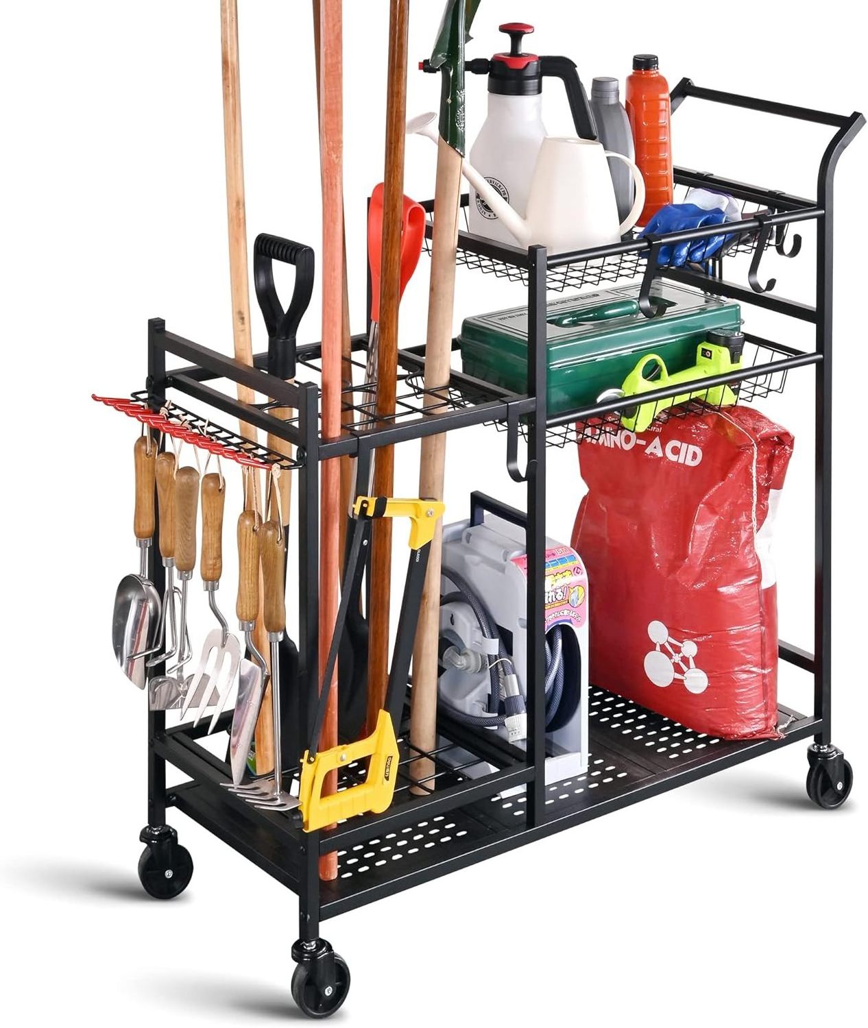 Garden Tool Organizer with Wheels, Garden Tool Rack, Yard Tool Holder for Rakes, Shovel, Fertilizer