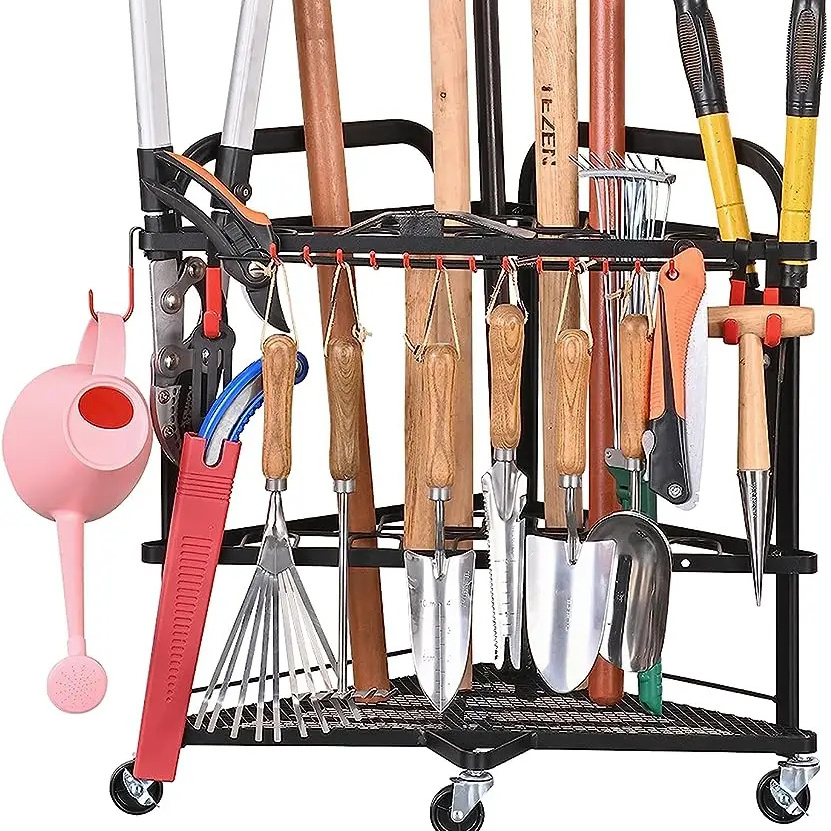 Garden Tool Organizer with Wheels and Storage Hooks, Rolling Corner Tool Storage Rack for Garden