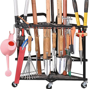 Garden Tool Organizer with Wheels and Storage Hooks, Rolling Corner Tool Storage Rack for Garden