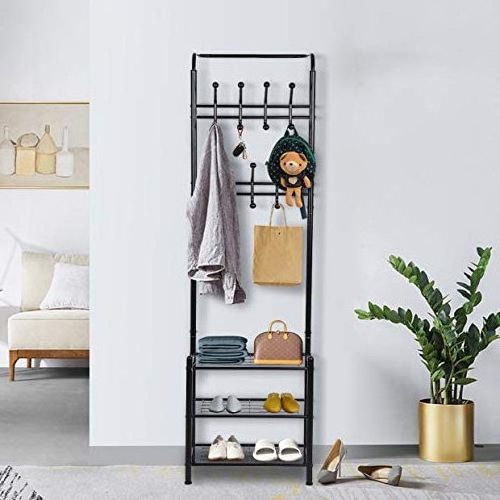 Industrial Entryway Hat Hanger Display Stand Free Standing Garment Storage Shelf 3 Tier Shoe Bench Metal Frame for Living Room