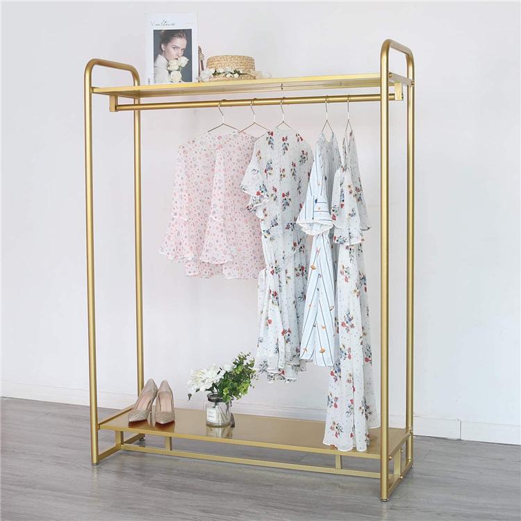 Gold Clothing Rack Modern Boutique Display Rack with 2-Tier Shelf