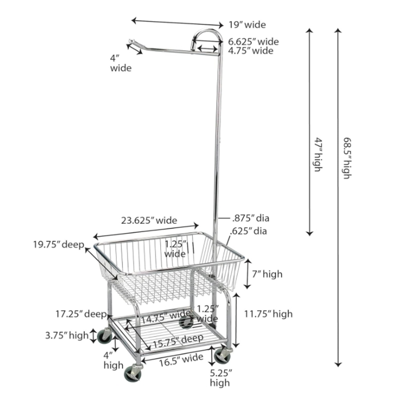 Rolling Laundry Cart with Hanging Bar - Chrome Finish, STORAGE, Metallic