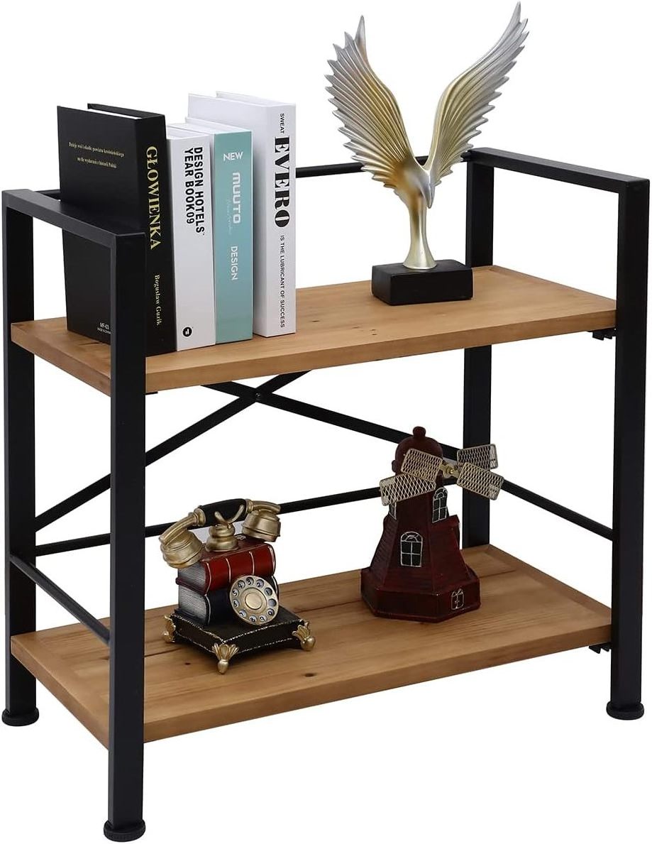 2 Tier  Black  Real Wood Metal Book Shelf  for Office Organization and Storage