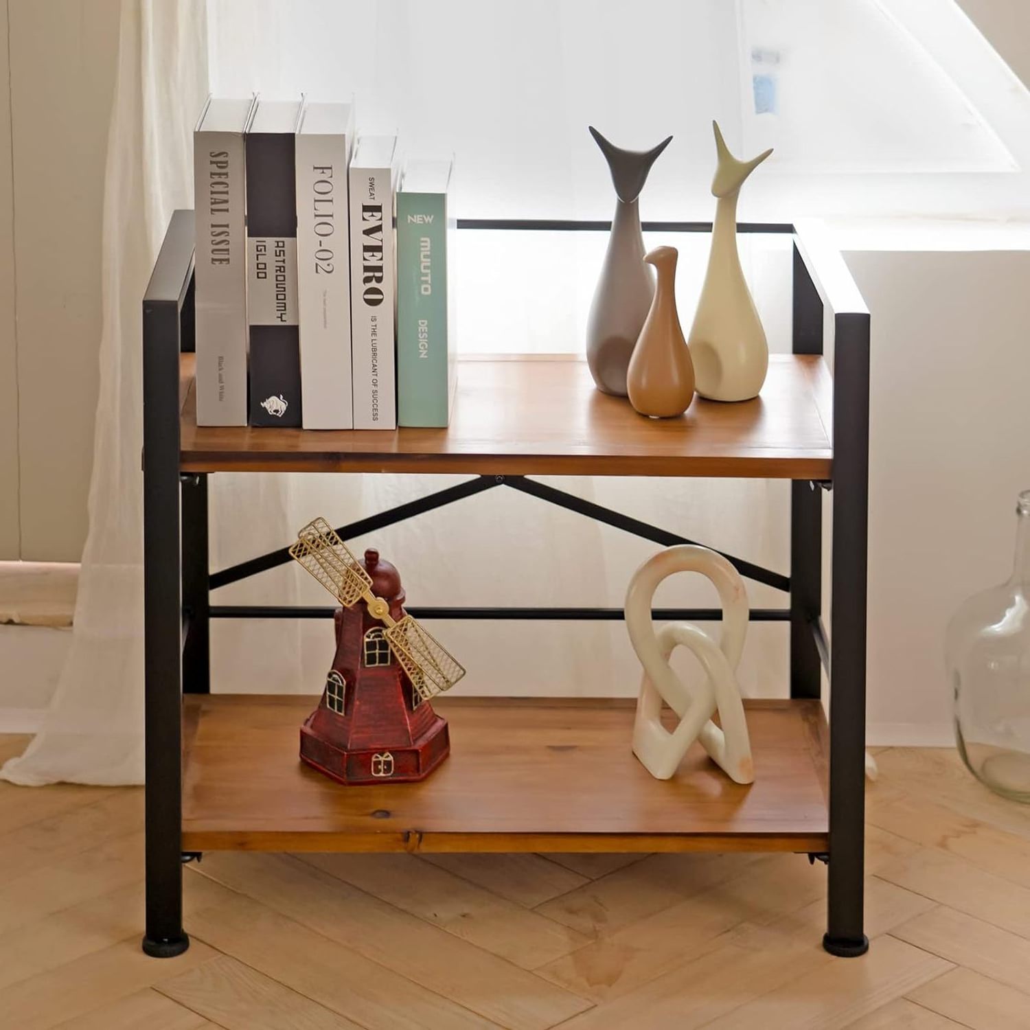 2 Tier  Black  Real Wood Metal Book Shelf  for Office Organization and Storage