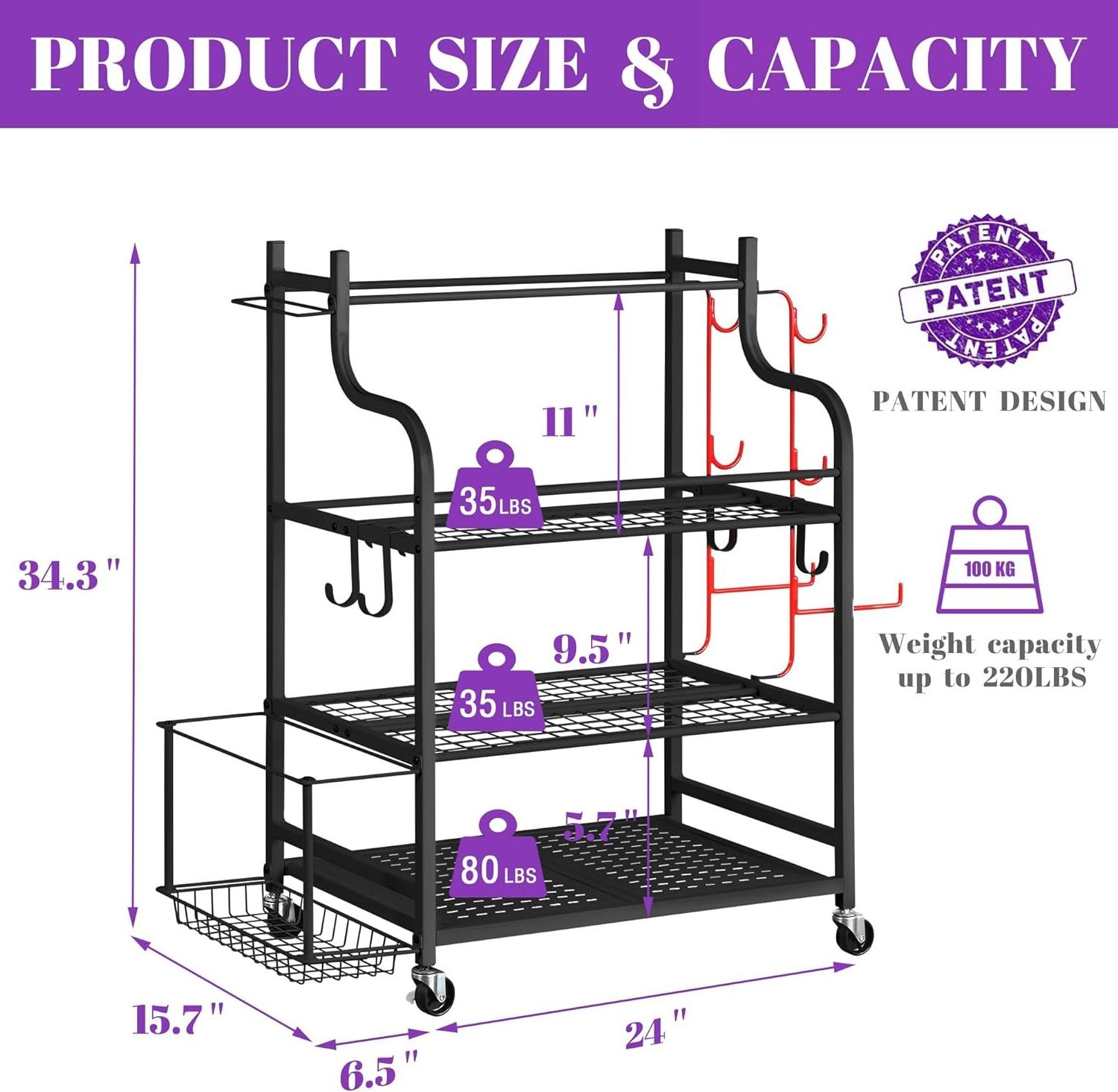 Home Gym Storage Rack for Dumbbells Kettlebells Foam Roller, Yoga Strap and Resistance Bands Workout Equipment Storage Organizer