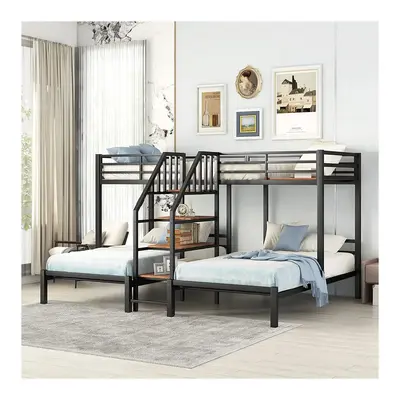 Black Twin Over Twin & Twin Bunk Bed with Storage Shelves Staircase Metal Triple Bunk Bed with Stairs