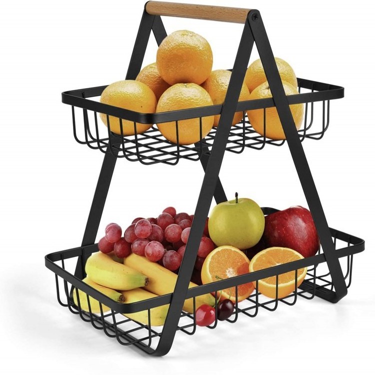 Portable hanging 2 tier Metal black fruit basket stand kitchen living room Countertop organizer storage basket for shelves