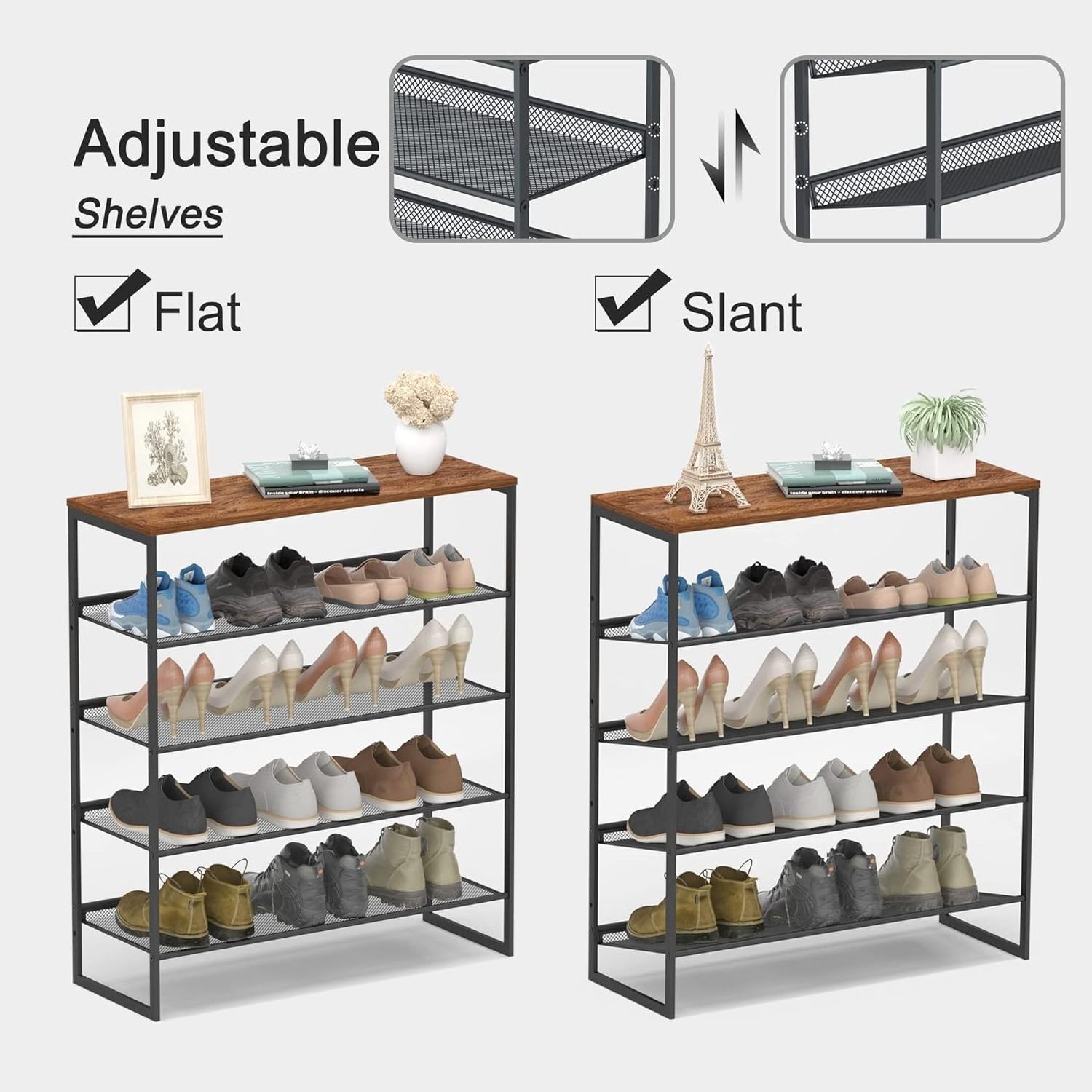 Sturdy Steel Shoe Organizer for Closet or Entryway with Spacious Top and Strong Mesh Shelves