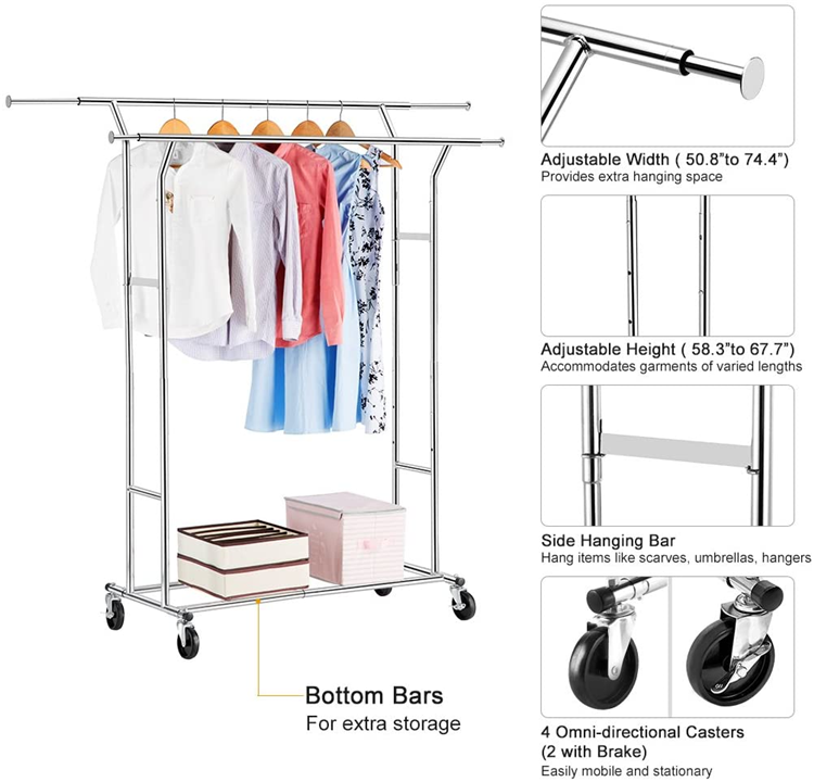 Double Rail Garment Racks Clothes Racks Commercial Grade Height Adjustable Heavy Duty Clothing Racks for Boutiques