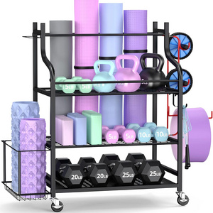 Home Gym Storage Rack for Dumbbells Kettlebells Foam Roller, Yoga Strap and Resistance Bands Workout Equipment Storage Organizer