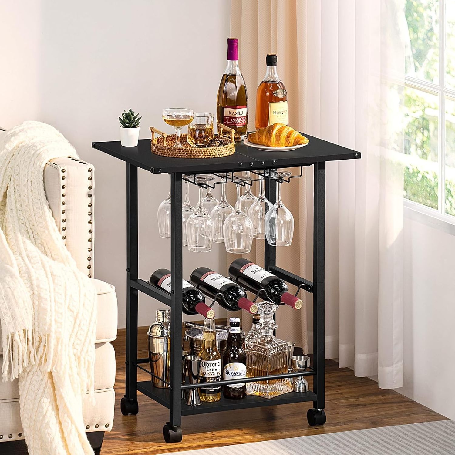 Black Mobile Bar Cart with Wheels Rolling Kitchen Shelf Wine Rack Glass Holders Home Kitchen Living Room Beverage Serving Cart