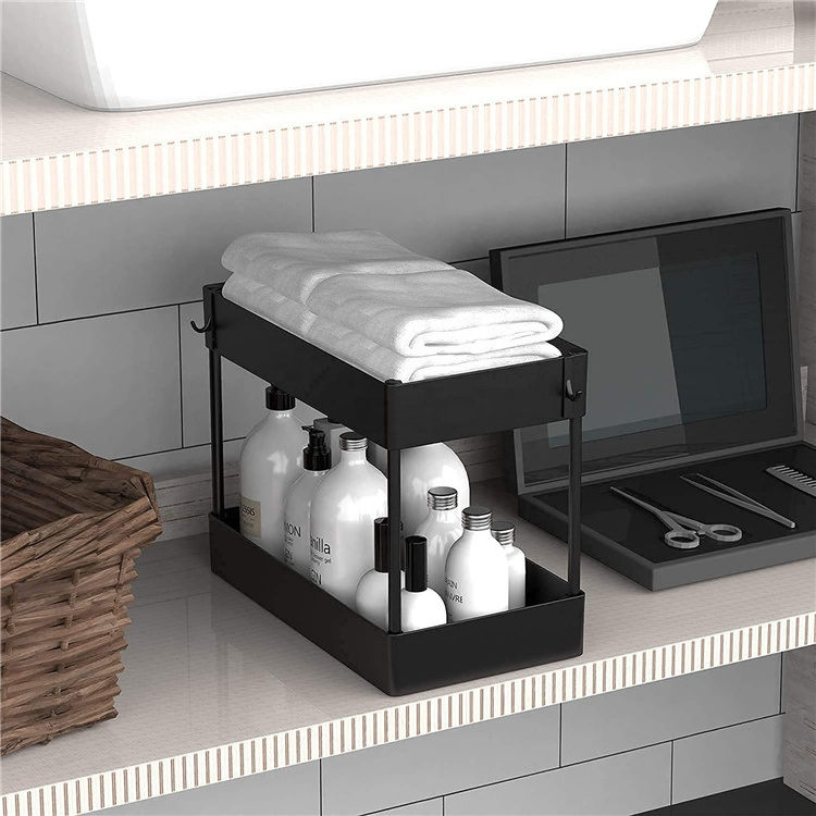 Under Sink Organizer Under Bathroom Sink Storage 2 Tier Organizer Bath Collection Baskets with Hooks Black Under Sink Shelf