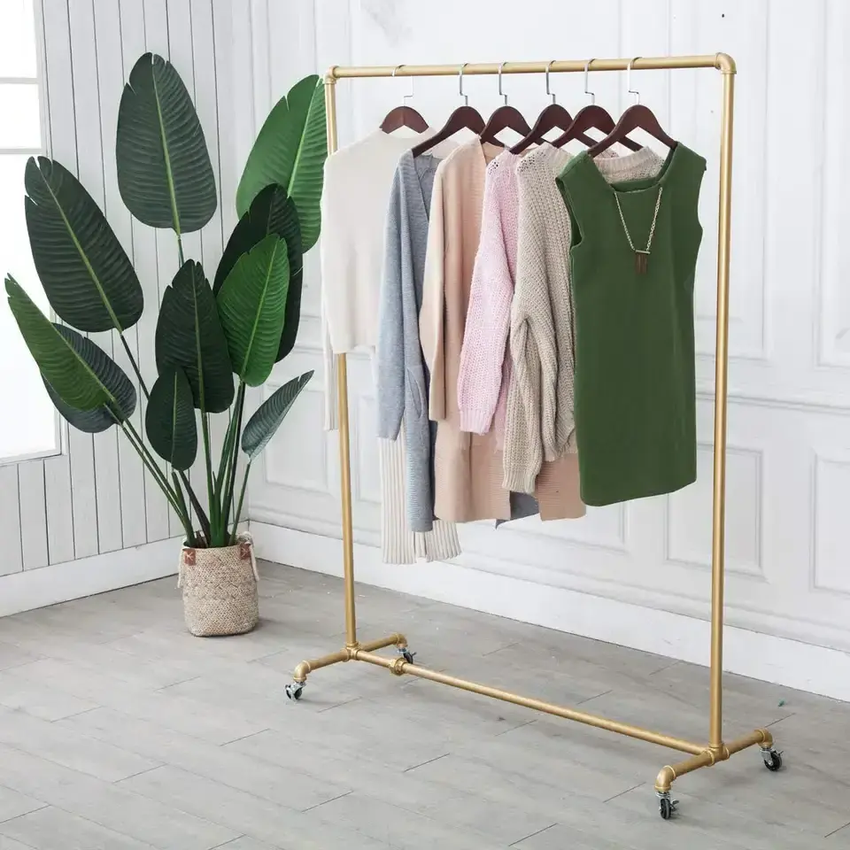 Industrial Pipe glod clothing rack with wheels on Wheels Heavy Duty Garment Racks  Clothes Display Rack Retail -Gold