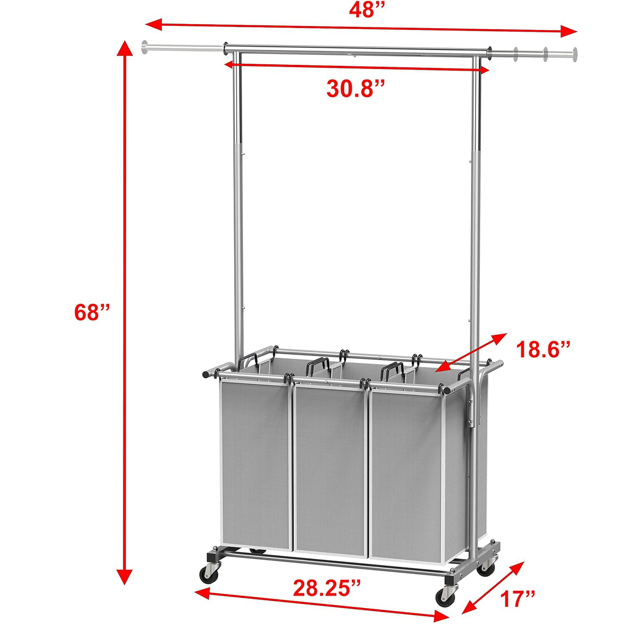 SimpleHouseware 3 Bag Laundry Sorter Rolling Cart w/Garment Rack Hanging Rod, Laundry cart,laundry carry basket