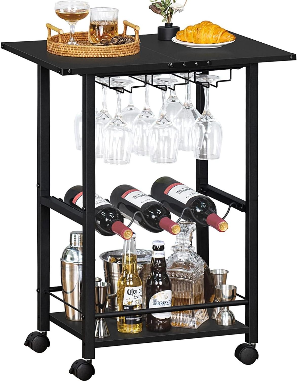 Black Mobile Bar Cart with Wheels Rolling Kitchen Shelf Wine Rack Glass Holders Home Kitchen Living Room Beverage Serving Cart