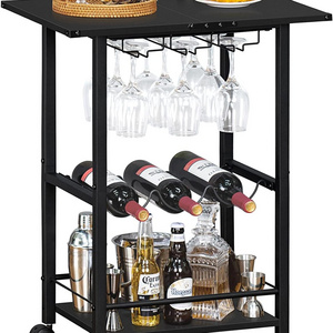 Black Mobile Bar Cart with Wheels Rolling Kitchen Shelf Wine Rack Glass Holders Home Kitchen Living Room Beverage Serving Cart