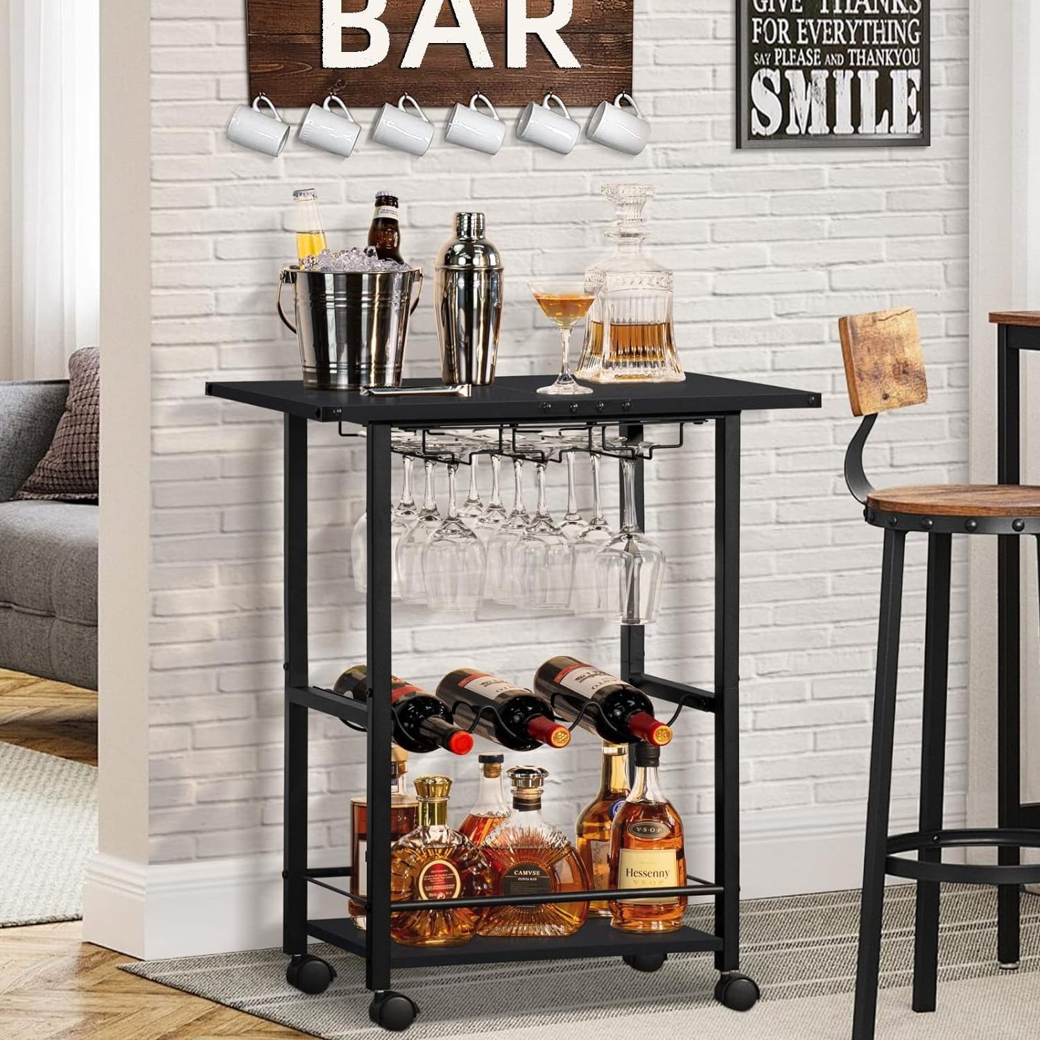 Black Mobile Bar Cart with Wheels Rolling Kitchen Shelf Wine Rack Glass Holders Home Kitchen Living Room Beverage Serving Cart