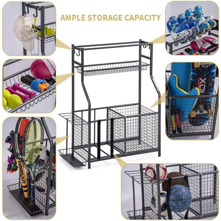 Golf Bag Storage Garage Sports Equipment Storage Organizer with Baskets and Hooks