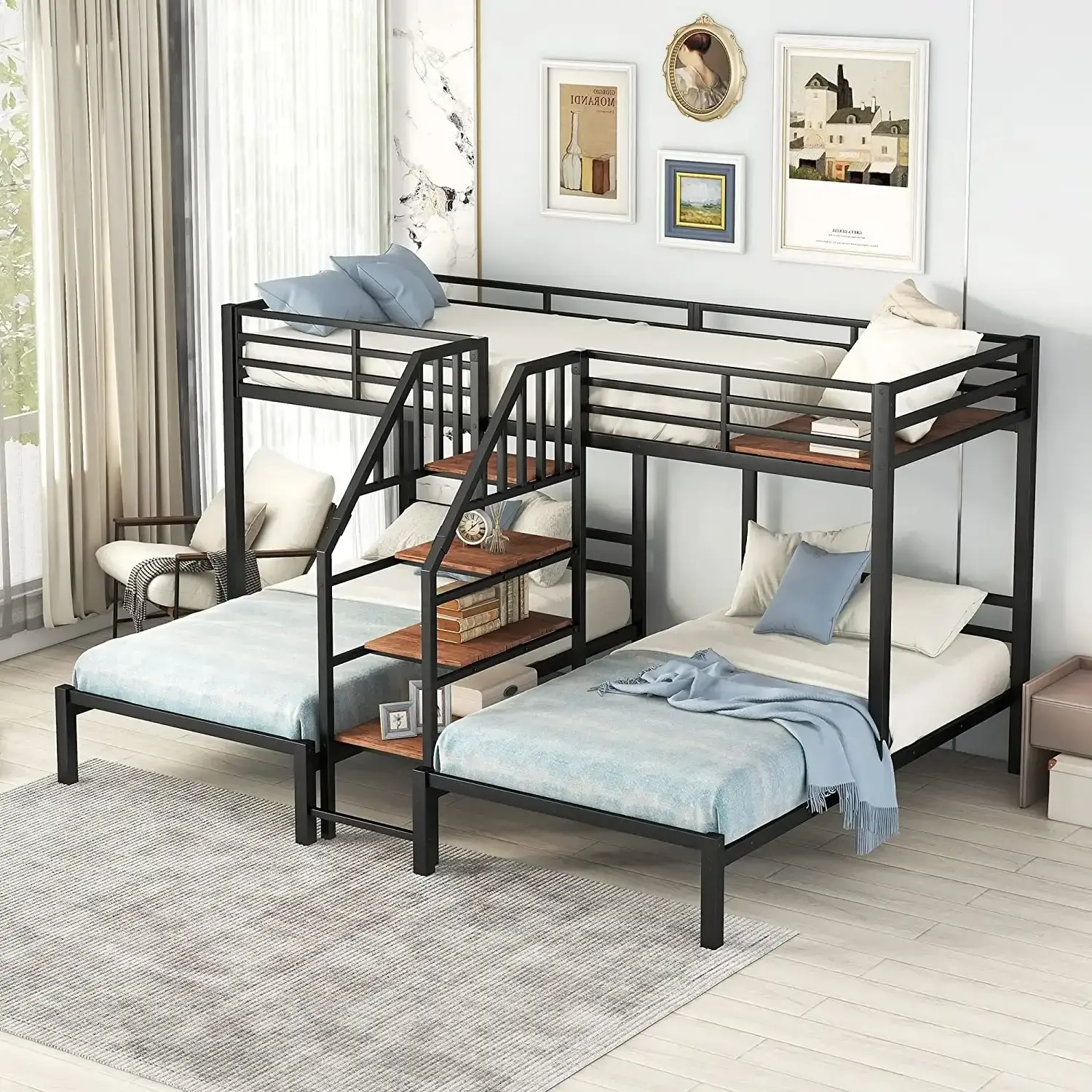 Black Twin Over Twin & Twin Bunk Bed with Storage Shelves Staircase Metal Triple Bunk Bed with Stairs