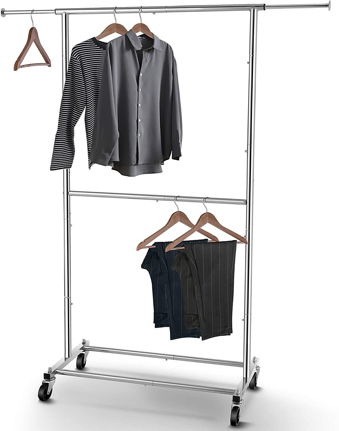 Double Rod Clothing Garment Rack, Rolling Clothes Organizer on Wheels for Hanging Clothes, Chrome