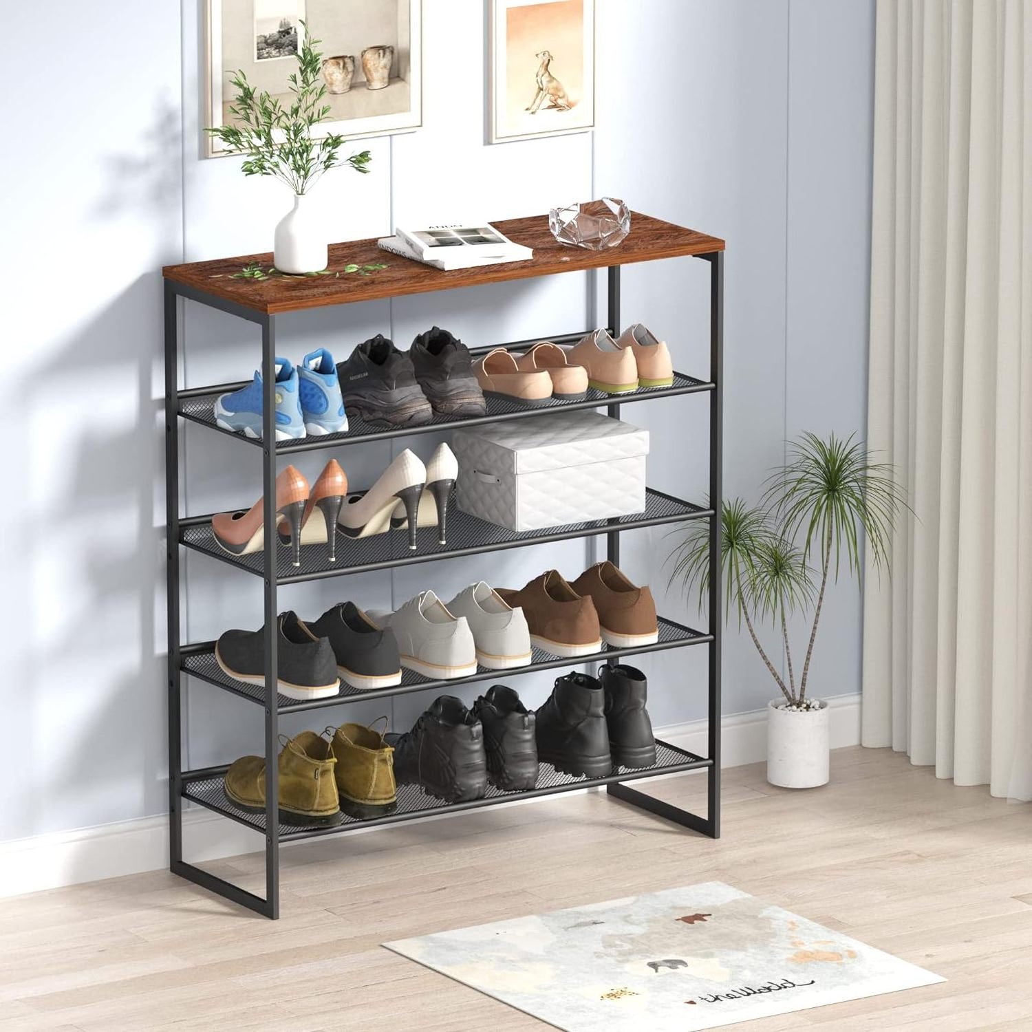 Sturdy Steel Shoe Organizer for Closet or Entryway with Spacious Top and Strong Mesh Shelves