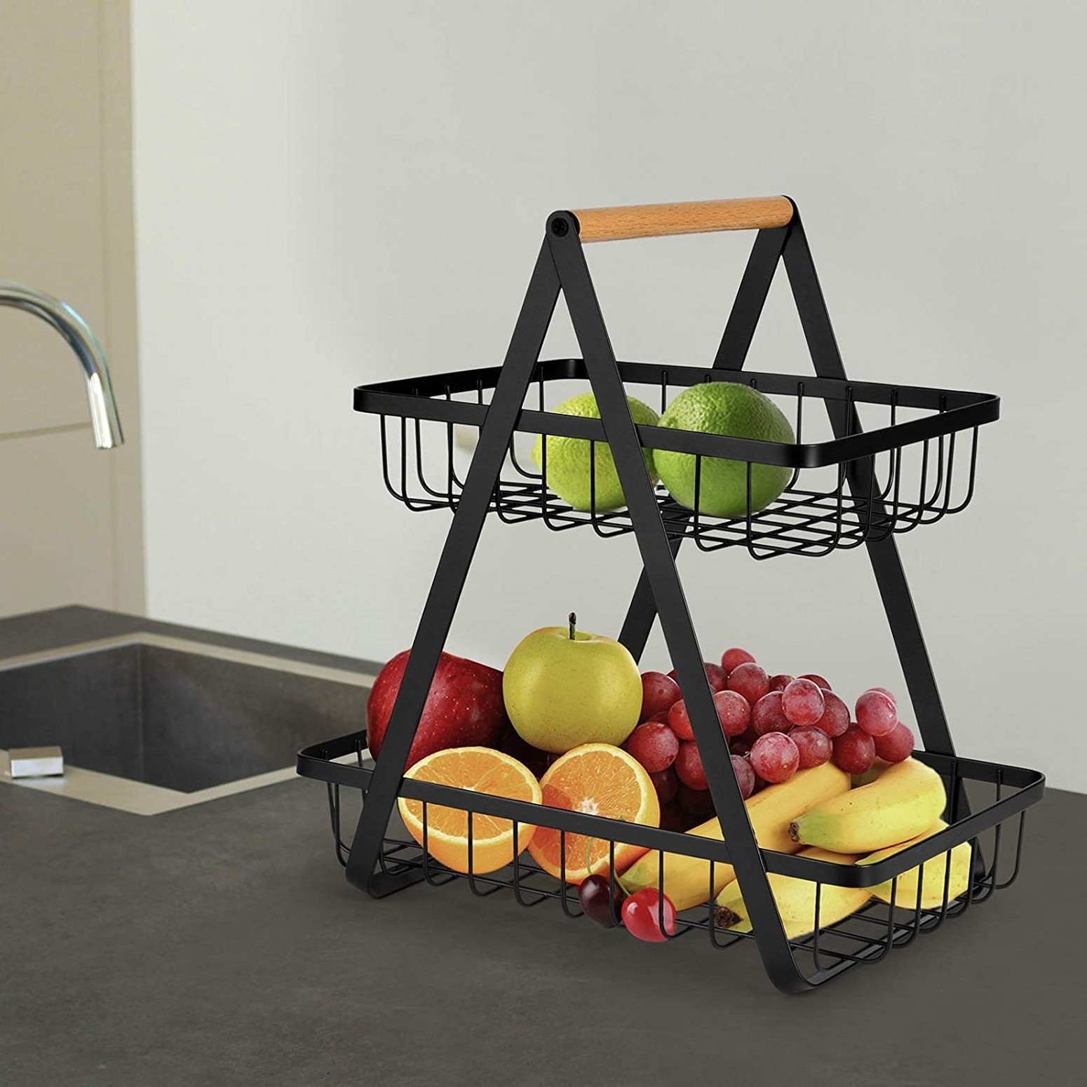 Portable hanging 2 tier Metal black fruit basket stand kitchen living room Countertop organizer storage basket for shelves