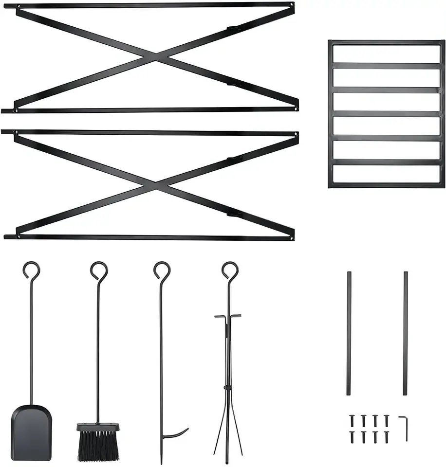 Fireplace Holder with 4 Tools, Indoor Outdoor Wooden Storage Accessories Set with Shovel, Poker, Tongs, Broom